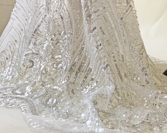 Beaded Wedding Gown Lace fabric Silver Sequined Lace Mesh Fabric  Sparkle Dress lace 51 inches Width