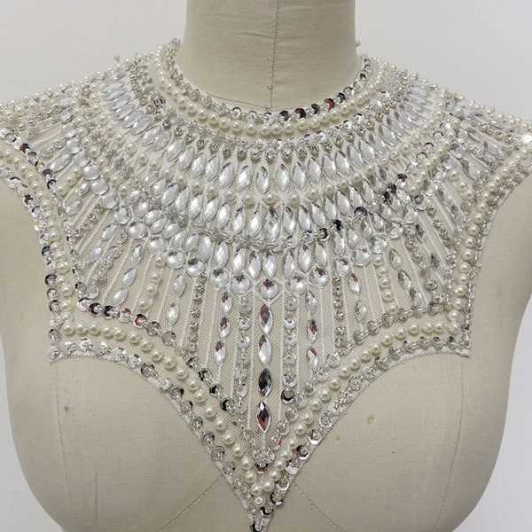 Rhinestone Bib Collar Applique  Beaded Neckline Trims  Bling Accents for Prom,Party