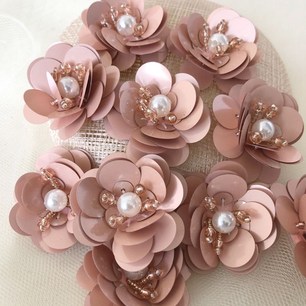 Dusky Pink Flower Applique Wedding Accessories Beaded Flower Pattern for DIY Craft Projects 10 pcs