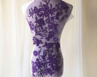 Purple Beaded  Appliques Party Costumes Rhinestone Floral Embroidery Lace Patch for Prom Dress Party Outfits