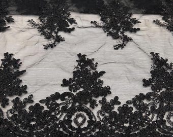Black Floral Lace Fabric Corded Embroidery Shimmering Lace Tulle  for Prom Dress Costumes