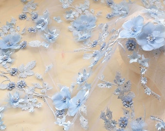 3D Flower Blue Lace Tulle Crystal  Lace Fabric Embroidery  Blossom  Lace for Blue Party Dress 51 inches Width