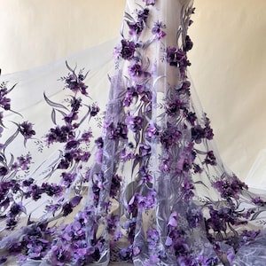 Purple 3D Flower Embroidery Lace Vine of Flower Scalloped Edge Tulle for Prom Dress