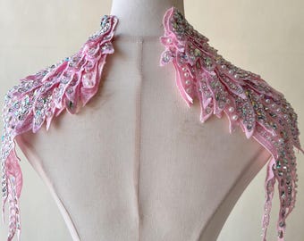 Beaded Wings Mirror Pair Rhinestone Applique  Shoulder Patch  Embellished for Statement Angels Costume