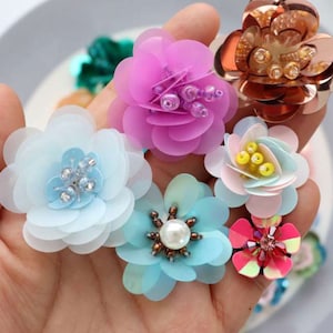 3 PCS Beaded Flower Applique Colorful Motif  Flower Patch Wedding Party Accessories DIY Craft Projects