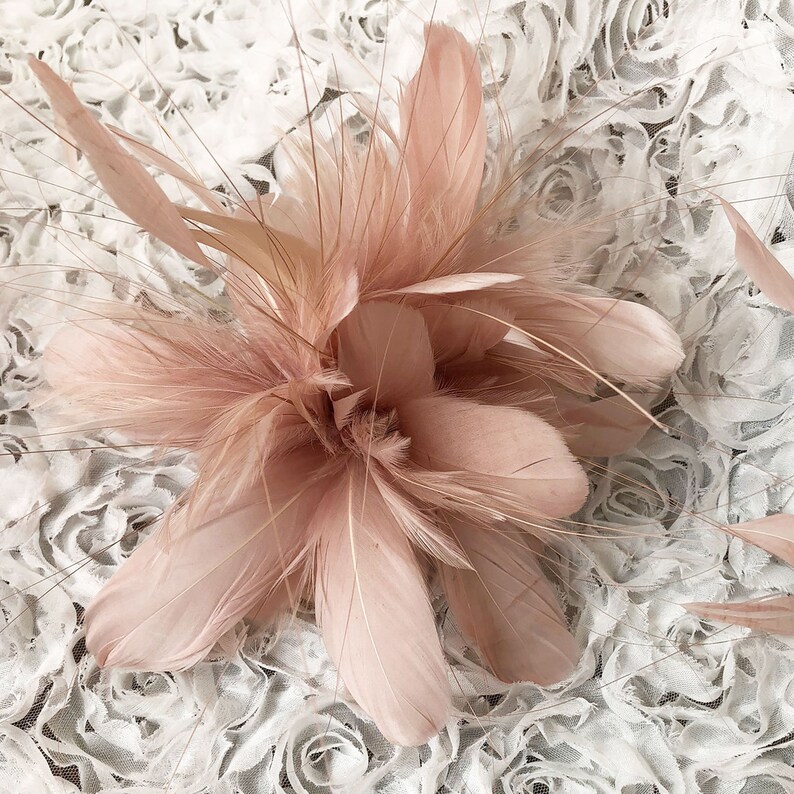 Puede incluir: Una flor de plumas color rosa rubor, posiblemente un adorno de sombrerer&iacute;a, con largas y delicadas plumas que irradian desde un punto central. Las plumas son de un rosa suave y apagado, sobre una tela blanca texturizada.
