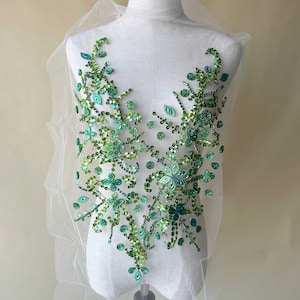 Green Beaded Applique Light Rhinestone Patch  Sewing Accessories for Party Gown Costumes