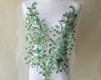 Green Beaded Applique Light Rhinestone Patch  Sewing Accessories for Party Gown Costumes