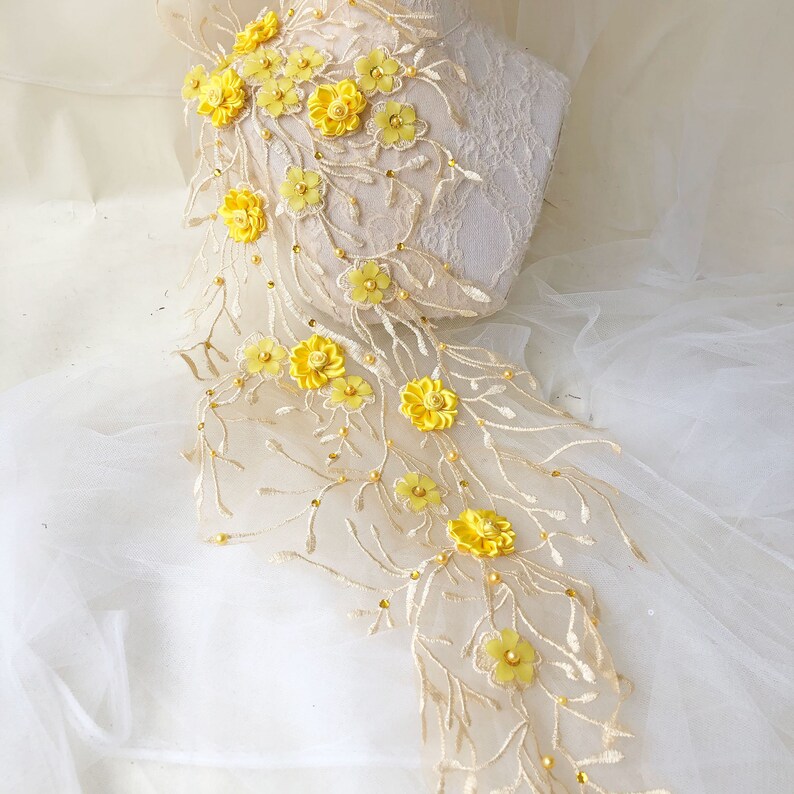 Yellow Lace Flower Beaded Embroidery Vines Lace Applique 3d Etsy