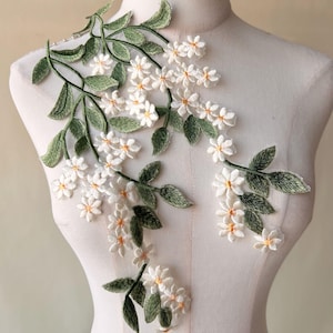 Par de espelhos folhas renda aplique creme flor e folhas verdes bordado remendo para trajes vestido jaqueta