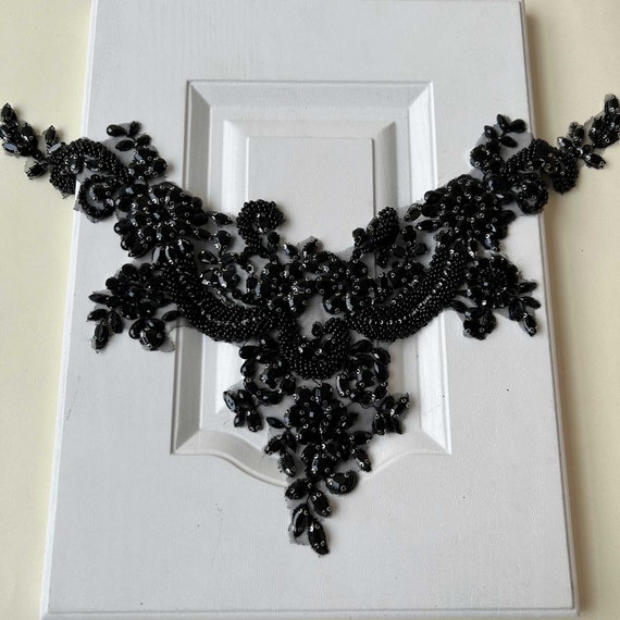 Applique In Pizzo Con Perline E Strass - Decorazione Per Abiti Da Ballo E Sposa, Nero - Foto 1