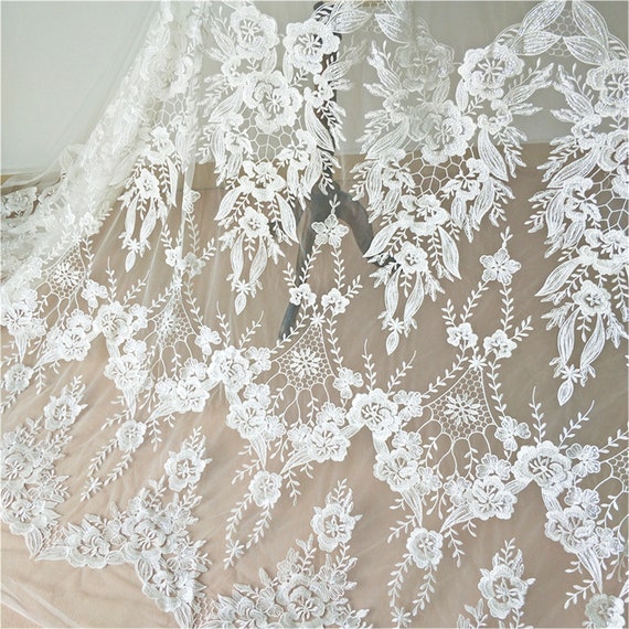 Sequinned Off-white Floral Vine Pattern Embroidery Lace