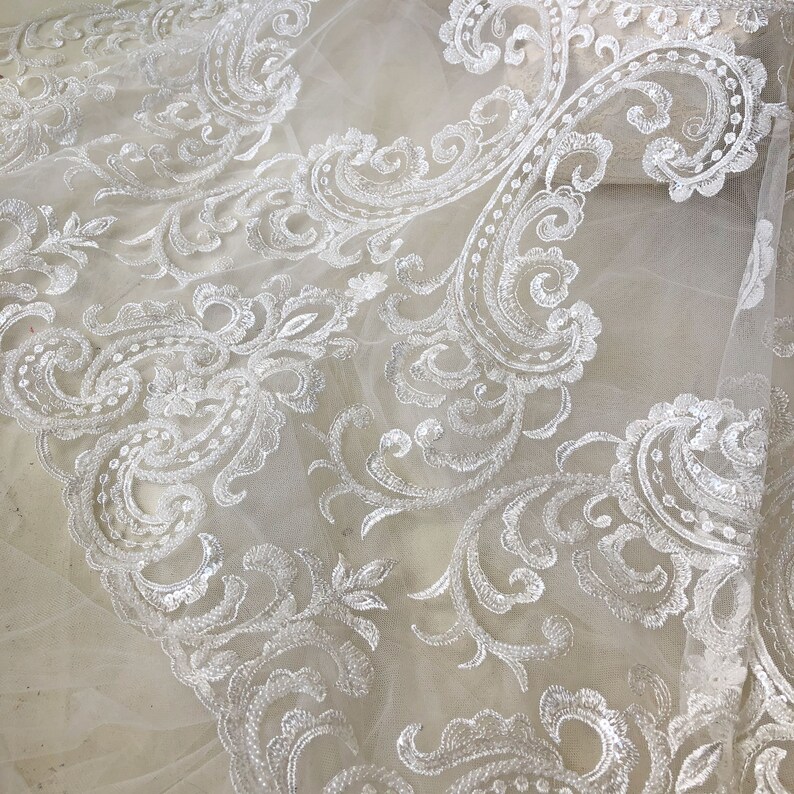 Off-White Sequined Beaded Lace Fabric By the yard Shimmery Embroidery Floral Lace Overlay for Bridal Gown