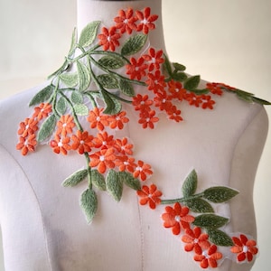 Green Leaves Red Flower Applique Mirror Pair Embroidery Lace Patch for Costumes,Garment