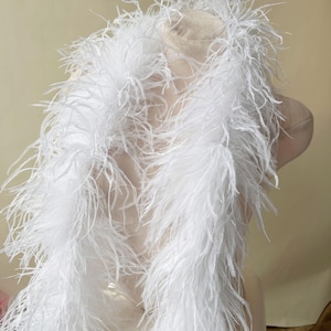 May include: A long, white feather boa made of soft, wispy plumes. The accessory features a dense, layered texture with delicate, elongated strands that create a voluminous and airy appearance, draping naturally with a light and fluffy aesthetic.