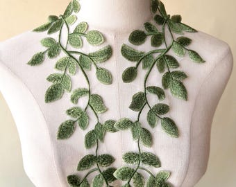 Green Leaves Mirror Pair  Leaf Lace Applique  Green Embroidery Patch for Costumes Dress Jacket