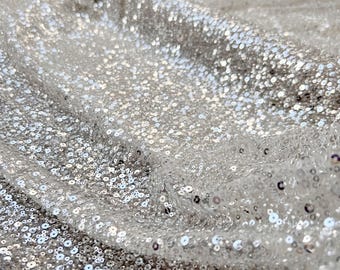 Sparkling Heavy Beads Lace Fabric Silver Sequined  Lace Tulle for Bridal Dress Prom Dress