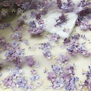 Lilac Lace Tulle Embroidery Beaded  Flower Lace Fabric  for Costume, Dress 49 inches Width