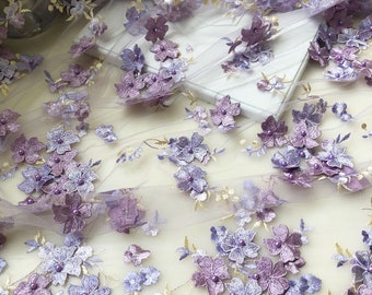 Lilac Lace Tulle Embroidery Beaded  Flower Lace Fabric  for Costume, Dress 49 inches Width
