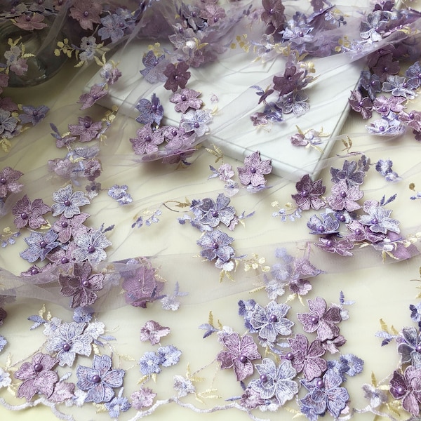 3D Floral Lilac Lace Tulle Beaded Embroidery Lace  for Bridal Dress,Wedding Gown,Veil