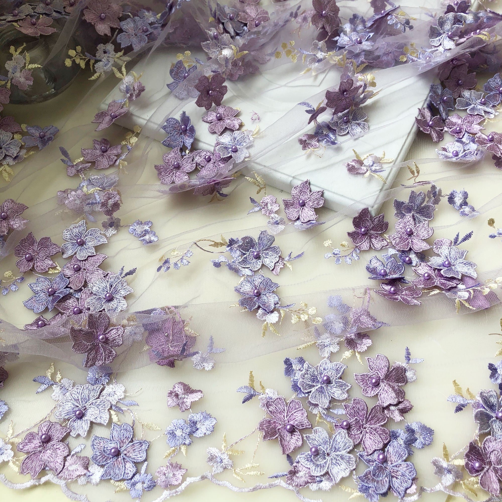 Lilac Lace Tulle Embroidery Beaded Flower Lace Fabric for Costume, Dress 49 inches Width