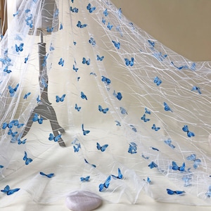 Blue Butterfly Lace Fabric Exquisite Flying Butterflies Lace Overlay for  Prom Dress Party Gown  55 inches Width
