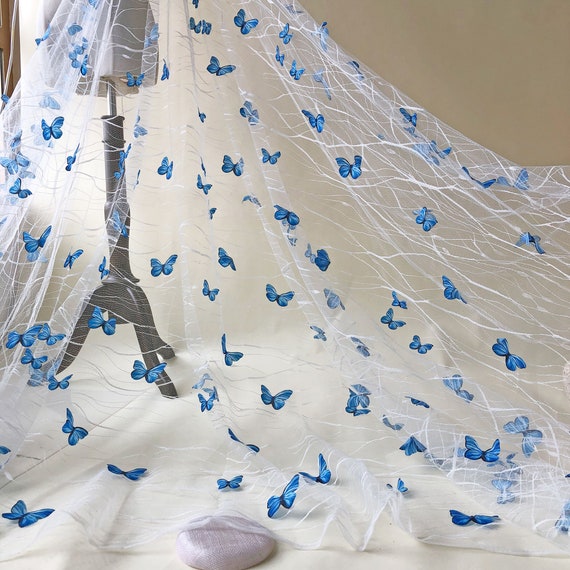 Blue Butterfly Lace Fabric Exquisite Flying Butterflies Lace Overlay for Prom  Dress Party Gown 55 Inches Width