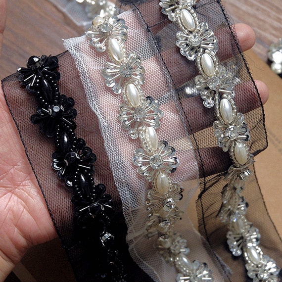 Pearl Ribbon by Yard for Wedding Dress Belt Beading Lace Fringe Delicate Embellished for Shoulder Straps,Party Sash