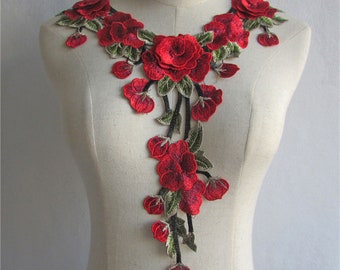 Red Flower Applique Red Rose Leaves Neckline Trim  Embroidery Collar Sewing Accessories for  Party Costumes