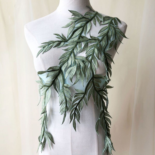 Apliques de hojas verdes, par de espejos bordados, enredaderas de hojas, parche de encaje para costura, accesorios de boda para disfraces