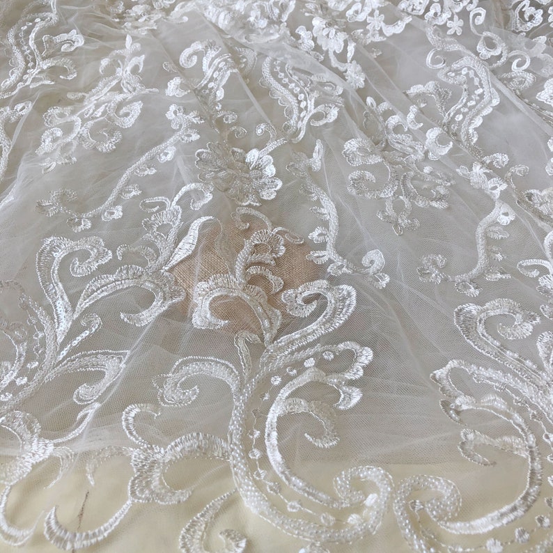 Off-White Sequined Beaded Lace Fabric By the yard Shimmery Embroidery Floral Lace Overlay for Bridal Gown