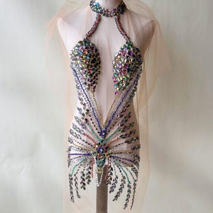 Halter Neck Beaded Bodice Bling and Colorful Rhinestone Body Bra Statement Bikini Applique