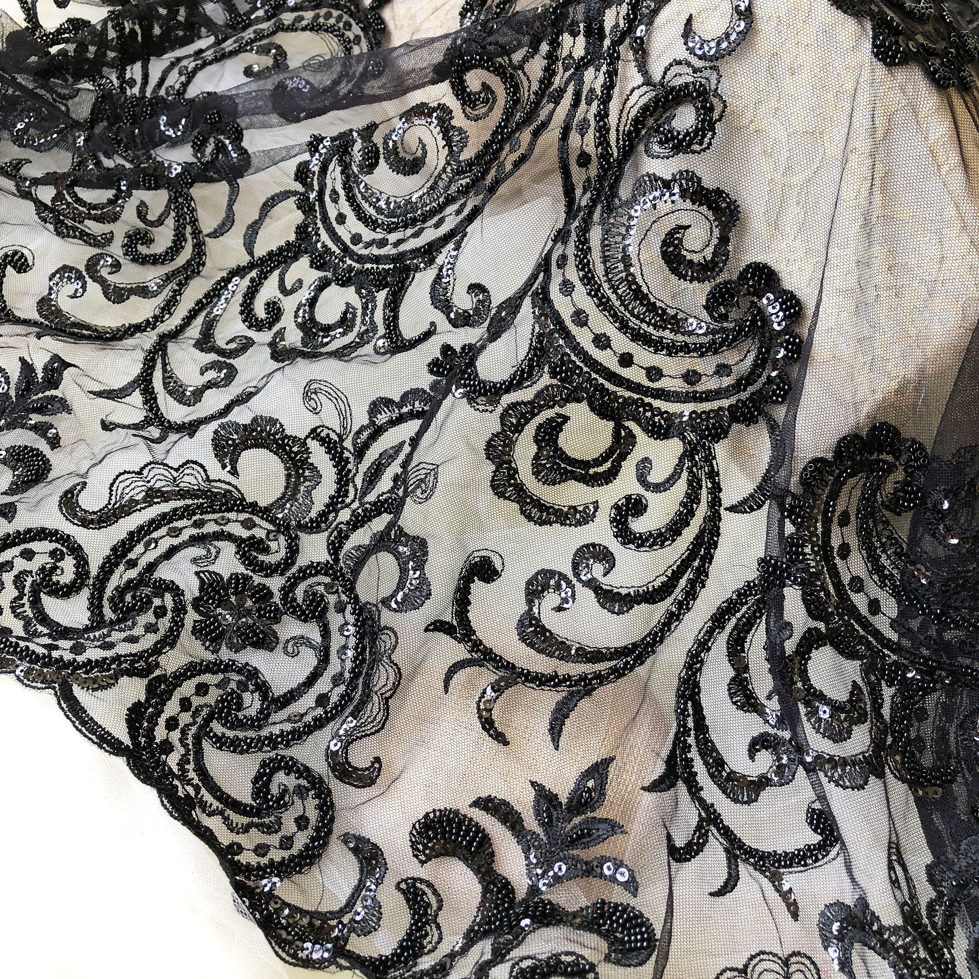 Black Sequined Beaded Lace Fabric By the yard Shimmery | Etsy