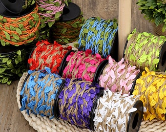 10 meters Green Leaves Natural Jute Twine Ribbon with Artificial Vine Green Leaf for Wedding Home Garden