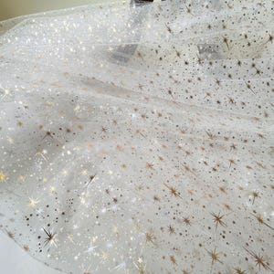 Sparkling  Star Lace Fabric Golden Foil Star Off-White Tulle for Wedding Dress Costumes 59 inches Width