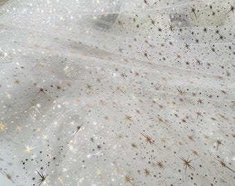 Funkelnde Sterne Spitzenstoff Goldene Folie Stern Off-White Tüll für Hochzeitskleid Kostüme 150 cm Breite