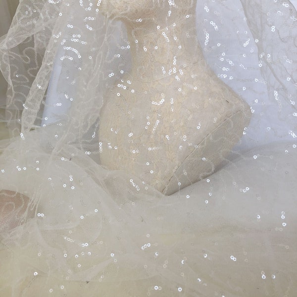 Clear Sequined Lace Fabric By the yard Sparkle Lace Tulle  Fabric for Wedding Dress Bridal Veil
