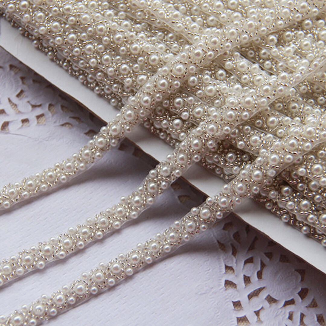 PATIKIL Faux Pearl Lace Ribbon - 5 Yards, 0.43" Wide Black Pearl Bead Trim For Wedding & Crafts