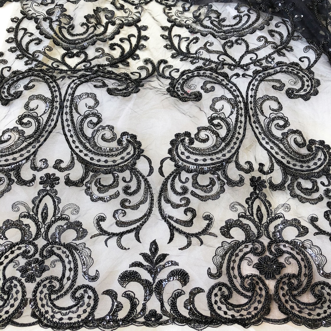 Black Sequined Beaded Lace Fabric By the yard Shimmery | Etsy