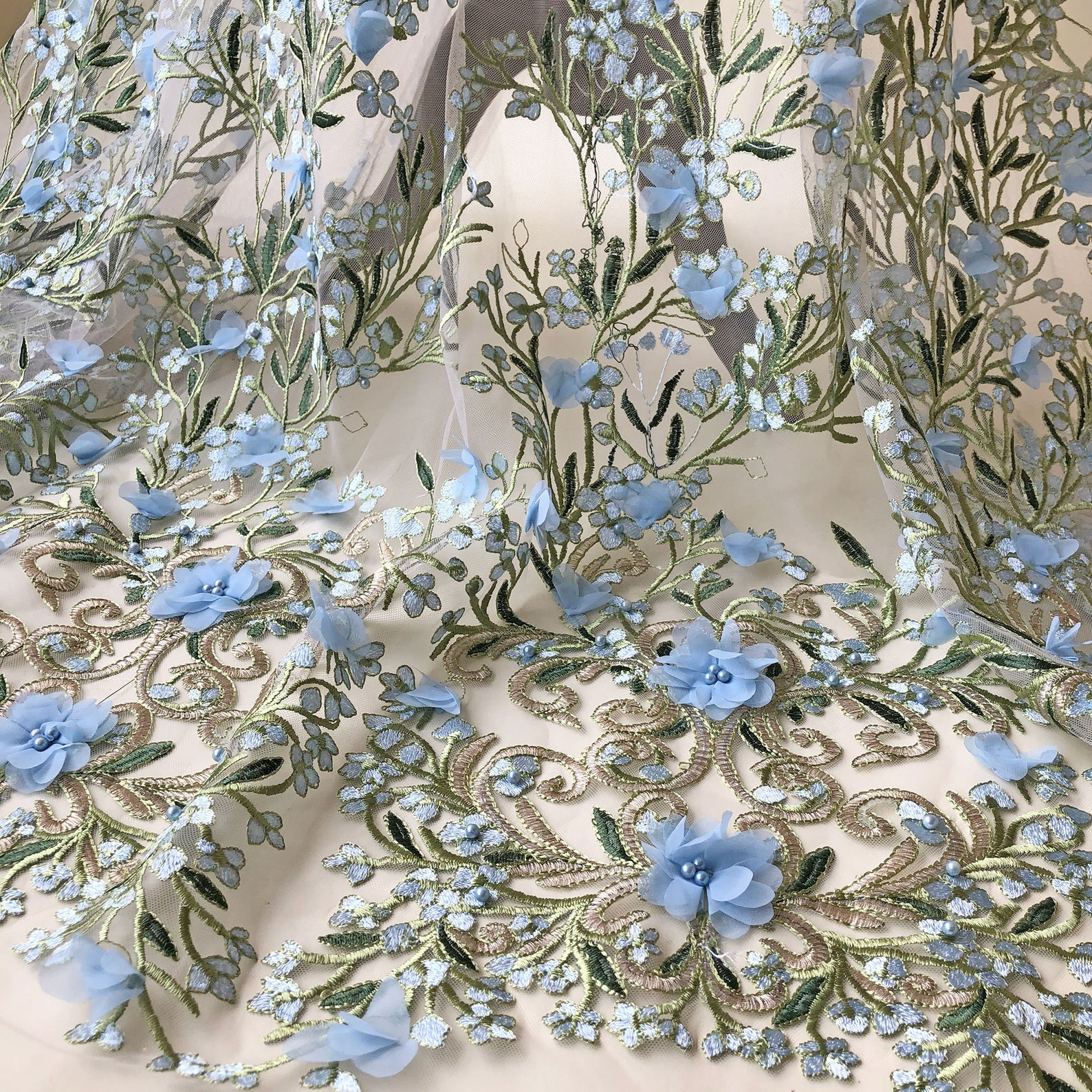 Blue Flower Lace by yard Beaded Embroidery Floral Lace Fabric Etsy