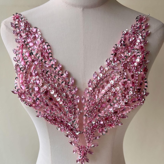 plastic prom dress Deep V Beaded Applique Plastic Rhinestone Patch Neckline Motif for Prom Dress
