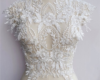 Bridal Gown Lace Applique for Bodice  Clear Sequined  beaded  Embroidery Patch Off-White Flower  Sewing  Motif Flare addition