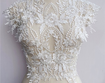 Bridal Gown Lace Applique for Bodice  Clear Sequined  beaded  Embroidery Patch Off-White Flower  Swing  Motif Flare addition