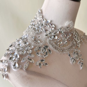 Silver Beaded Rhinestone Deep V  Neckline Acrylic Crystal Patch for Party Dress,Clothing