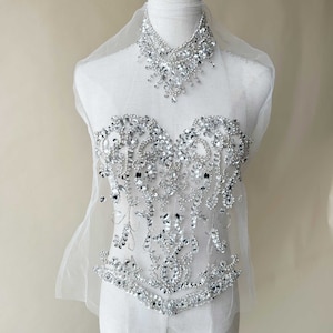Off-Shoulder Bodice Motif  Bling Beaded Applique with Neckline Set for Party Costumes