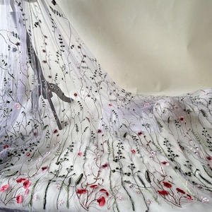 Lilac Mesh Embroidery Floral Lace  Red Floral Green Leaves Embroidery Tulle for Party Dress