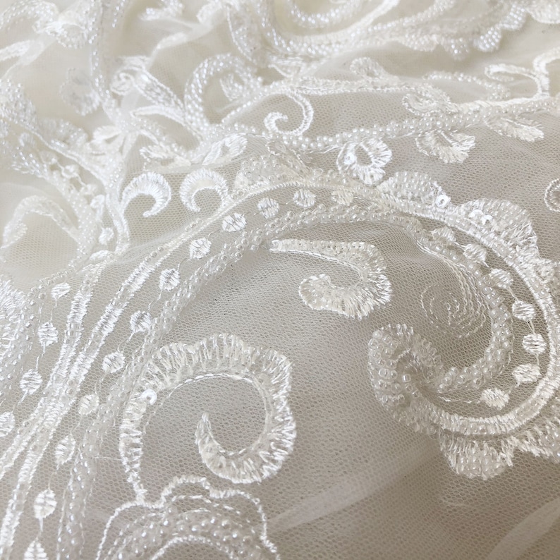 Off-White Sequined Beaded Lace Fabric By the yard Shimmery Embroidery Floral Lace Overlay for Bridal Gown