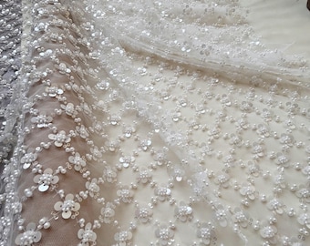 Tela de tul con encaje de cuentas y lentejuelas brillantes, color blanco roto para vestido de novia