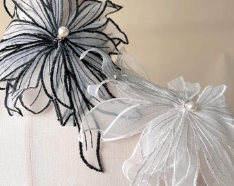 Chiffon Flower Motif Applique 3D Flower Patch Beaded Sewing Accessories for Crafting Fabric Decor