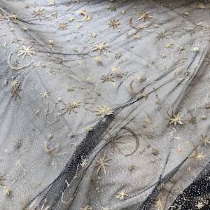 Star Moon Lace Fabric Celestial Costume Lace Overlay  Gold Embroidery Stars Lace Black Tulle for Party  51 inches Width